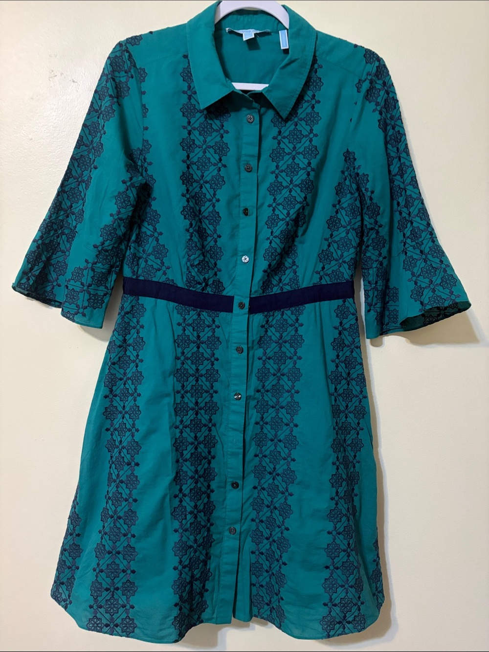 Draper James Honeycomb Floral Embroidered Shirtdress Teal